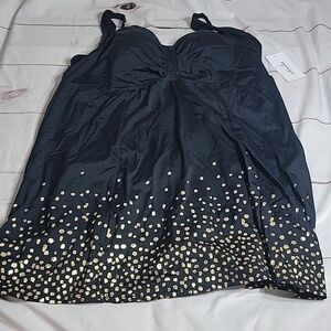 Swimsuits For All Retro Swim Dress Womens Plus Size 26 Black Gold Foil Flowy